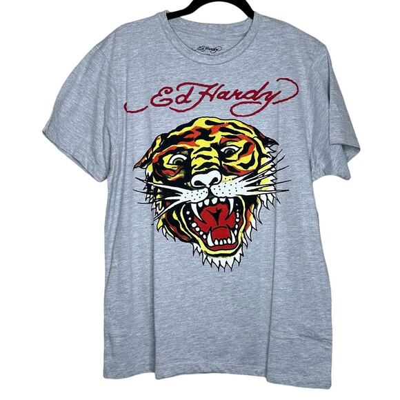 Ed Hardy Mens Tiger Head Graphic T Shirt Cotton Gray Size Medium NWT - Picture 1 of 7